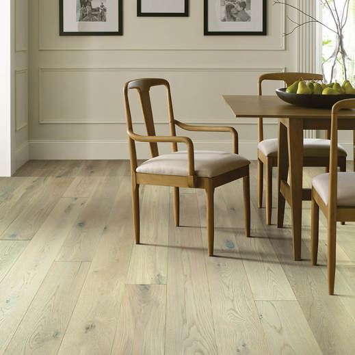 Wide plank engineered hardwood floors in dining room | Floor Boys